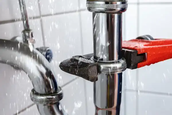 Water spraying from a leaking pipe as a wrench is used to repair the plumbing under a sink with white tiled walls in the background.