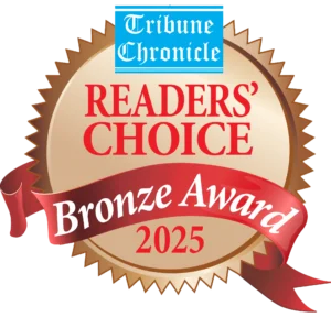 A gold and bronze seal reads "Tribune Chronicle Readers' Choice Bronze Award 2025" with a red ribbon across the bottom.
