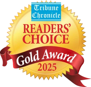 A gold seal badge displays "Tribune Chronicle Readers' Choice Gold Award 2025" with a red ribbon graphic across the bottom.