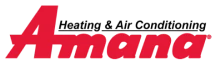 Amana logo in red, with the words "Heating & Air Conditioning" in black above the brand name.
