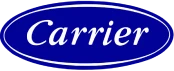 Carrier logo featuring white script text on a blue oval background with a white border.