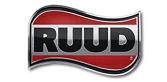 RUUD logo featuring bold white letters on a red and black wavy rectangular background with a metallic border.