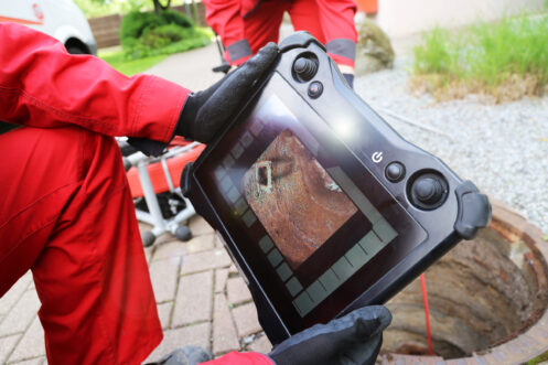 A person wearing red protective clothing and black gloves holds a tablet displaying an image of a pipe inspection, near an open manhole.