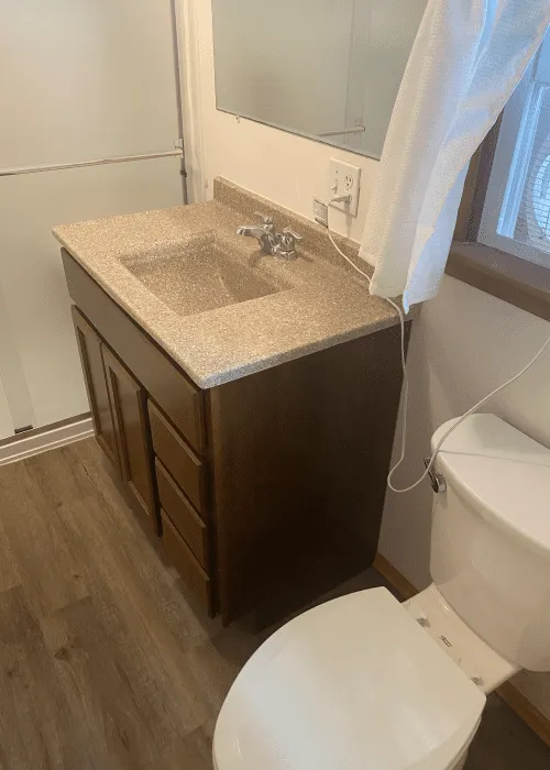 Bathroom with a brown wood vanity and sink, a white toilet, a window with white curtains, and wood-look flooring—perfect for any Photo Gallery of stylish home interiors.