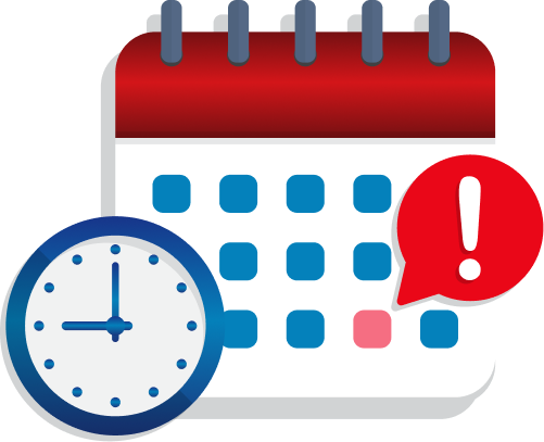 An illustration of a calendar with a highlighted date and exclamation mark, next to a clock, indicating an important upcoming event or deadline.