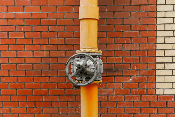 A large metal valve is attached to a yellow pipe mounted on a red brick wall with a section of lighter bricks on the right side.