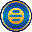 A gold circle with three horizontal gold bars inside, set against a blue background with a gold and blue border.