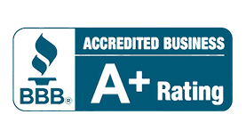 A blue and white badge displaying the Better Business Bureau logo with text: "Accredited Business A+ Rating.