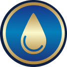 A gold water droplet icon with a curved line inside, centered on a blue circular background with a gold border.