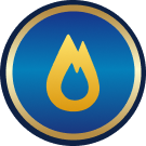 A gold flame and droplet symbol inside a blue circle with a gold border.