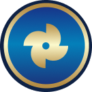 A blue circular icon with a gold border featuring a gold, four-blade fan or propeller shape in the center.