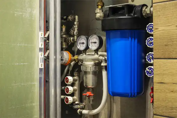 A water filtration system with pressure gauges, pipes, valves, and a large blue filter installed inside a utility cabinet.