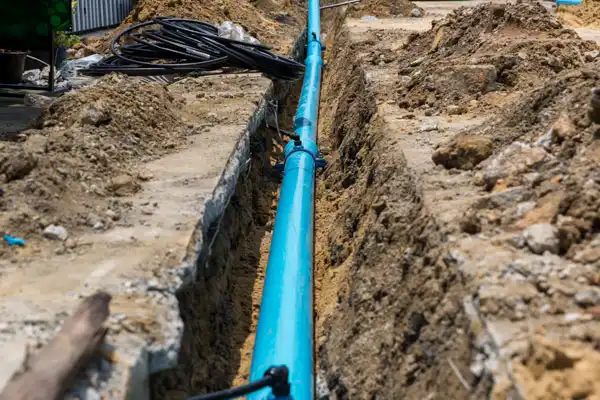 A blue plastic water pipe runs through a trench dug in the dirt at a construction site.