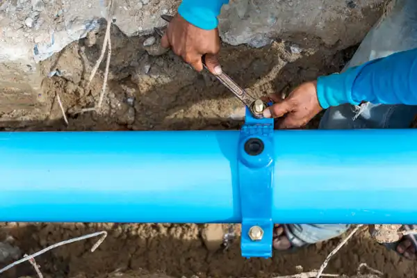 Person using a wrench to tighten bolts on a blue underground water pipe surrounded by dirt.