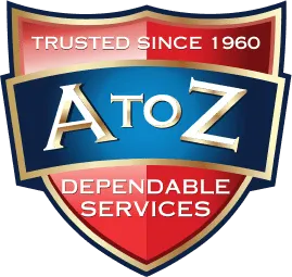 A shield-shaped logo with the text "Trusted Since 1960," "A to Z," and "Dependable Services" in gold, white, and red colors.
