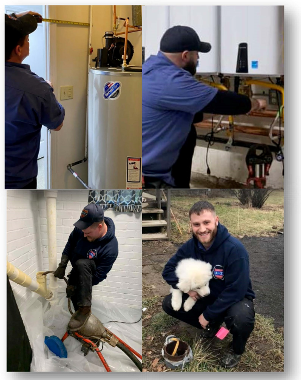 A collage shows plumbers working on a water heater, inspecting pipes, using a sewer camera, and one plumber holding a white dog outdoors.