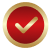 A gold-bordered red circle with a white check mark in the center, resembling an approval or confirmation symbol.