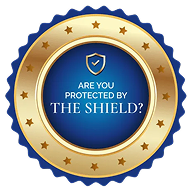 Gold and blue badge with a shield icon and the text "Are you protected by the shield?" in the center.
