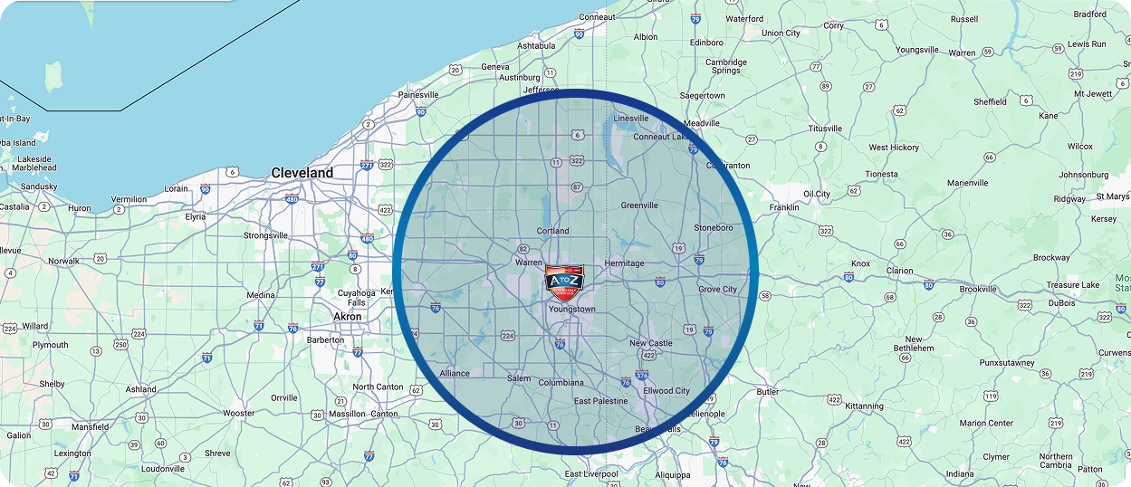 Map showing a highlighted circular area centered around a location near Warren, Ohio, with Cleveland visible to the northwest and various highways and towns labeled.