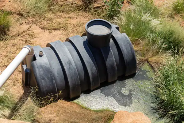 A black plastic septic tank is partially buried in the ground, surrounded by dry grass and connected to a white pipe.
