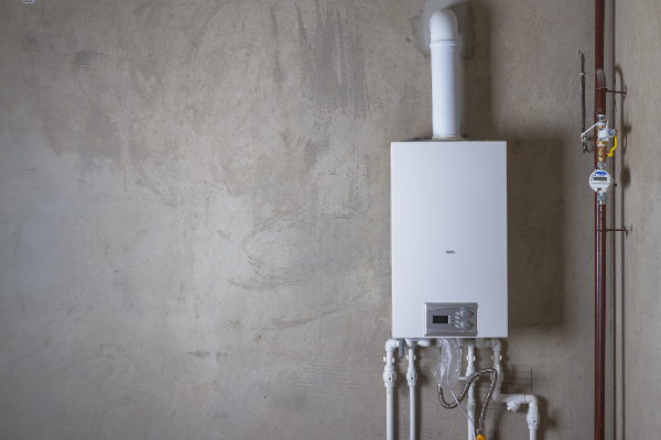 A wall-mounted, white tankless water heater with connected pipes and a vent on a plain, unfinished concrete wall.