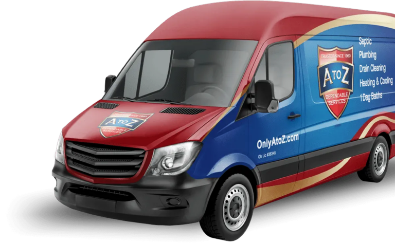 A red, blue, and gold service van with "A to Z Dependable Services" logo and website, advertising plumbing, drain cleaning, heating, cooling, septic, and battery services.