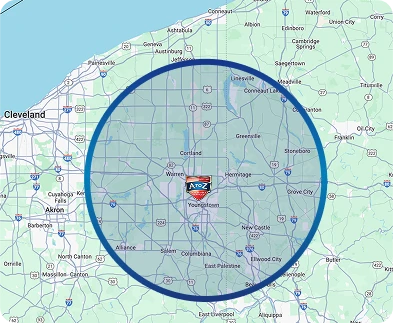Map showing a highlighted circular service area centered around Youngstown, Ohio, with nearby cities including Cleveland, Akron, and Hermitage marked.