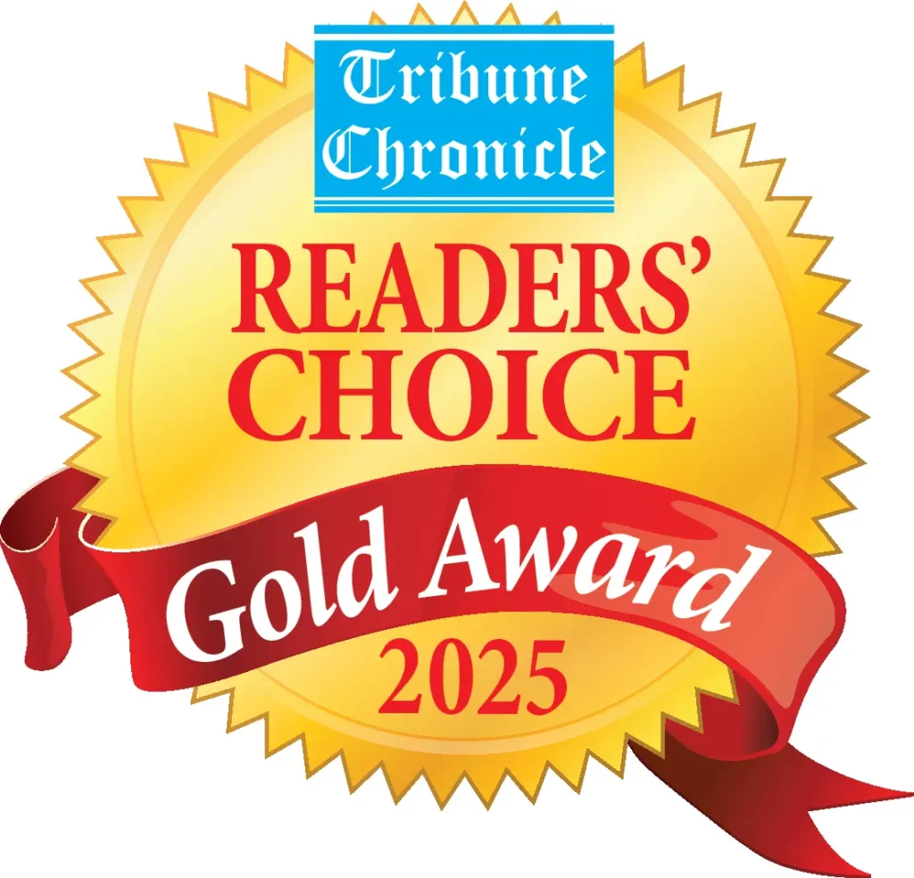 A gold seal badge with "Tribune Chronicle Readers’ Choice Gold Award 2025" in red and blue text, perfect for showcasing on your About Us page.