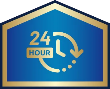 A gold clock icon with "24 HOUR" text on a blue and gold shield, indicating 24-hour service or availability.