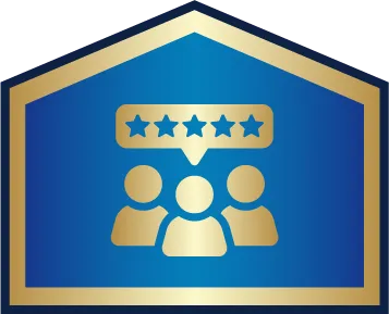 Gold icon of three people with a five-star rating above them, inside a blue house-shaped border.