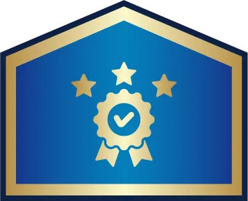 A blue and gold badge with three stars and a check-mark ribbon in the center, symbolizing quality or certification.