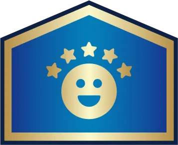 A gold smiley face with five gold stars above it, set against a blue background outlined in gold, shaped like a house or pentagon.