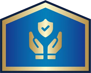 Gold hands holding a shield with a checkmark inside, set against a blue background framed by a gold-outlined house shape.