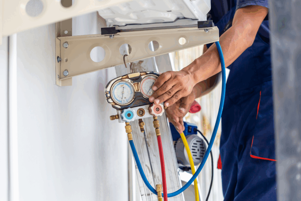 A technician checks air conditioning pressure with a manifold gauge set connected to an outdoor unit mounted on a wall, ensuring reliable comfort and reducing the need for emergency heating services.