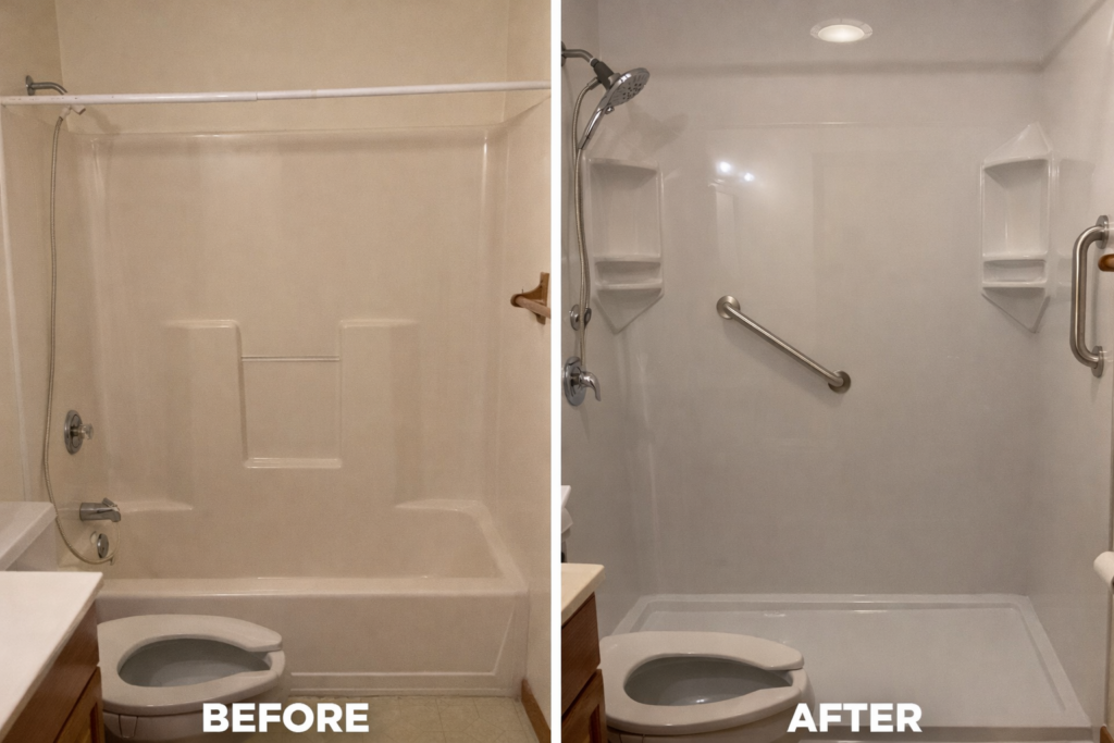 Side-by-side comparison of a bathroom before and after renovation; the tub is replaced with a walk-in shower featuring grab bars and new shelving.