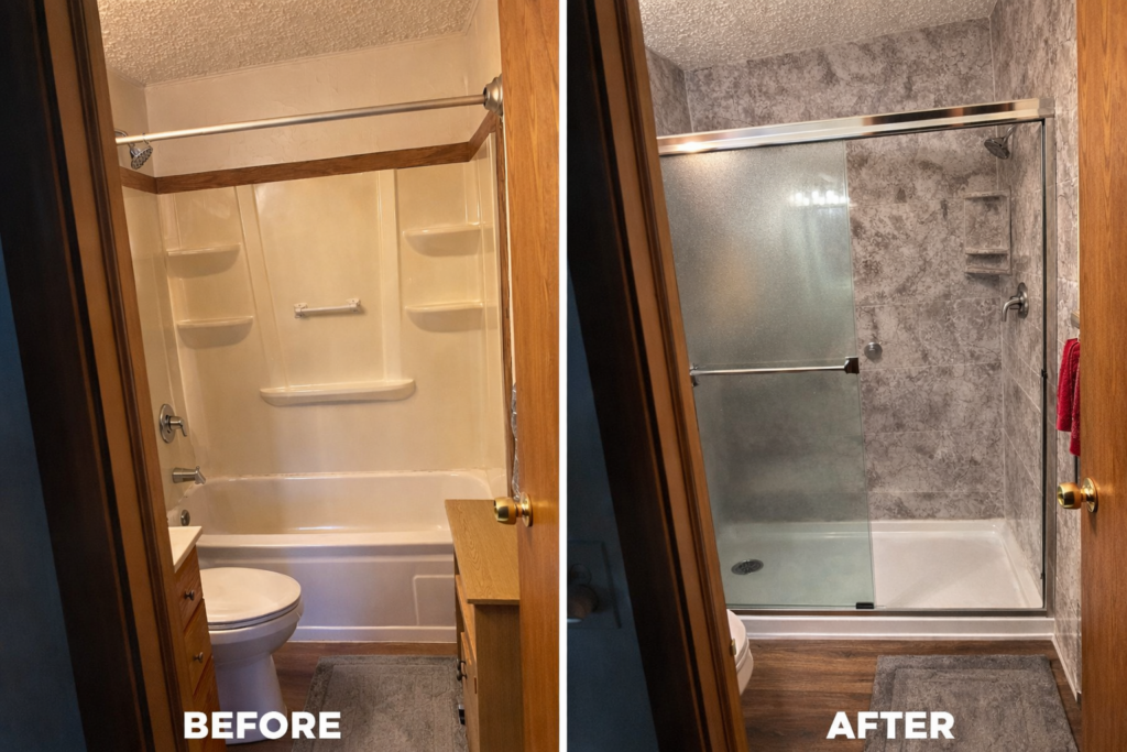 Side-by-side comparison of a bathroom before and after renovation; the left shows a yellowed bathtub and shower combo, the right shows a modern shower with glass doors and gray tile walls.