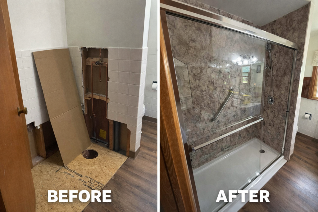 Side-by-side photos showing a bathroom before renovation with exposed plumbing, and after with a finished shower and glass doors.