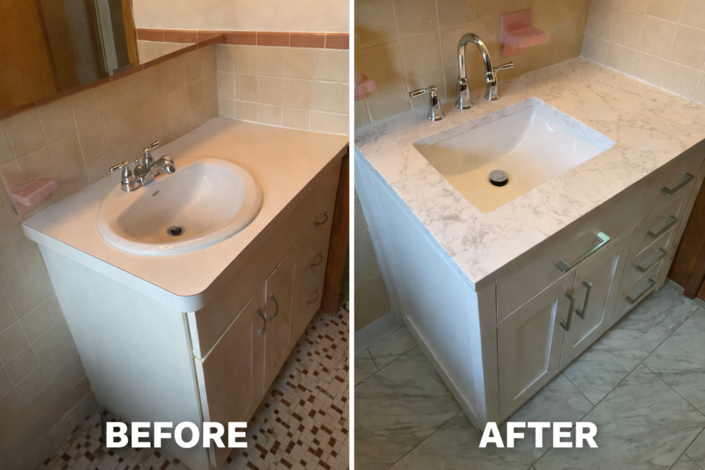 Side-by-side comparison of a bathroom vanity before and after renovation, showing an older sink and counter on the left and a modern white sink and counter on the right.