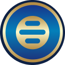 A blue circle with a gold border contains a gold symbol of three horizontal bars inside a gold ring.