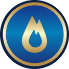 A gold flame and water droplet icon is centered on a blue circular background with a gold border.
