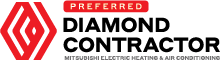Logo featuring a red geometric diamond symbol with the text "Preferred Diamond Contractor Mitsubishi Electric Heating & Air Conditioning.