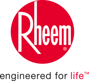 Rheem logo with white text in a red circle above the slogan "engineered for lifeâ„¢" in black and red letters on a white background.