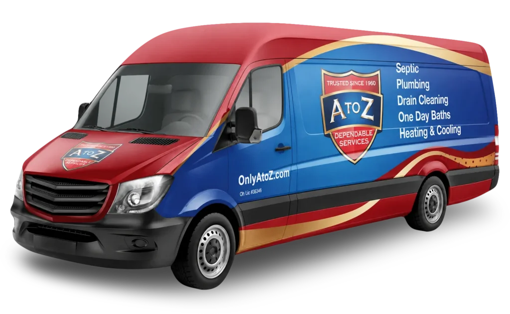 A red and blue service van with the "A to Z Dependable Services" logo, promoting septic, plumbing, drain cleaning, one-day baths, and heating and cooling services—with convenient maintenance plan options available for year-round peace of mind.